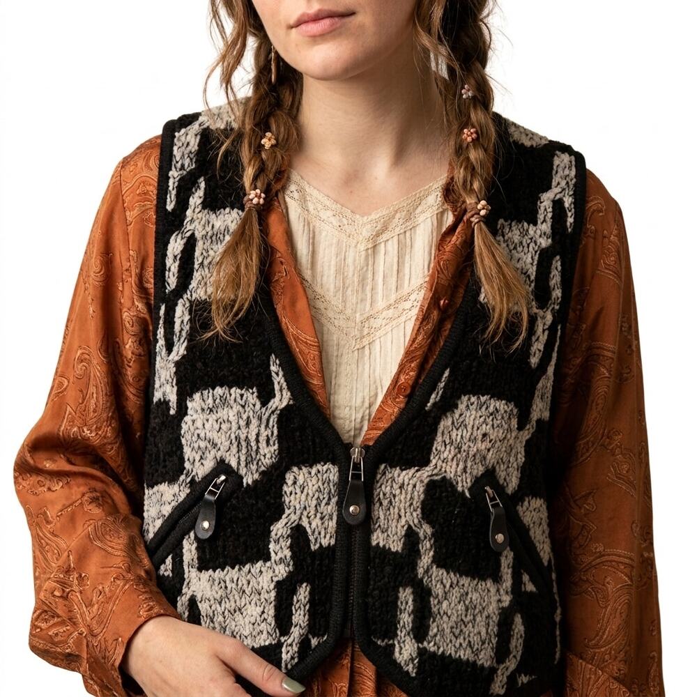 Jamie Sadock Gray Black Geometric Chenille Zip Up Vest Women's Sz M Knit Acrylic